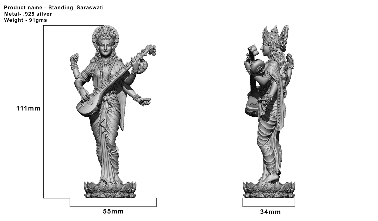Silver Mixed Finish Standing Saraswati Idol