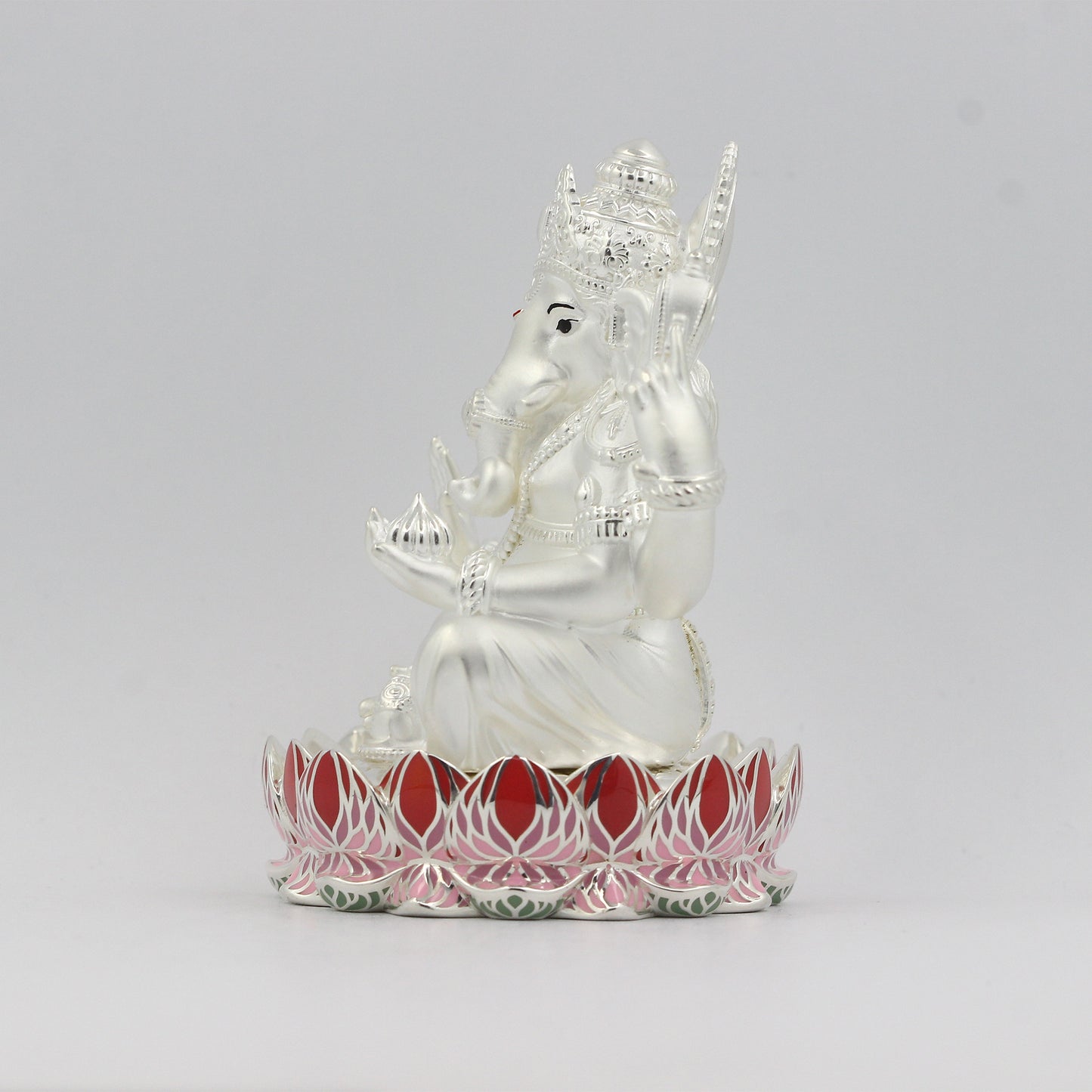 Silver Premium Matte Finish Lotus Base Ganesh with Enamel