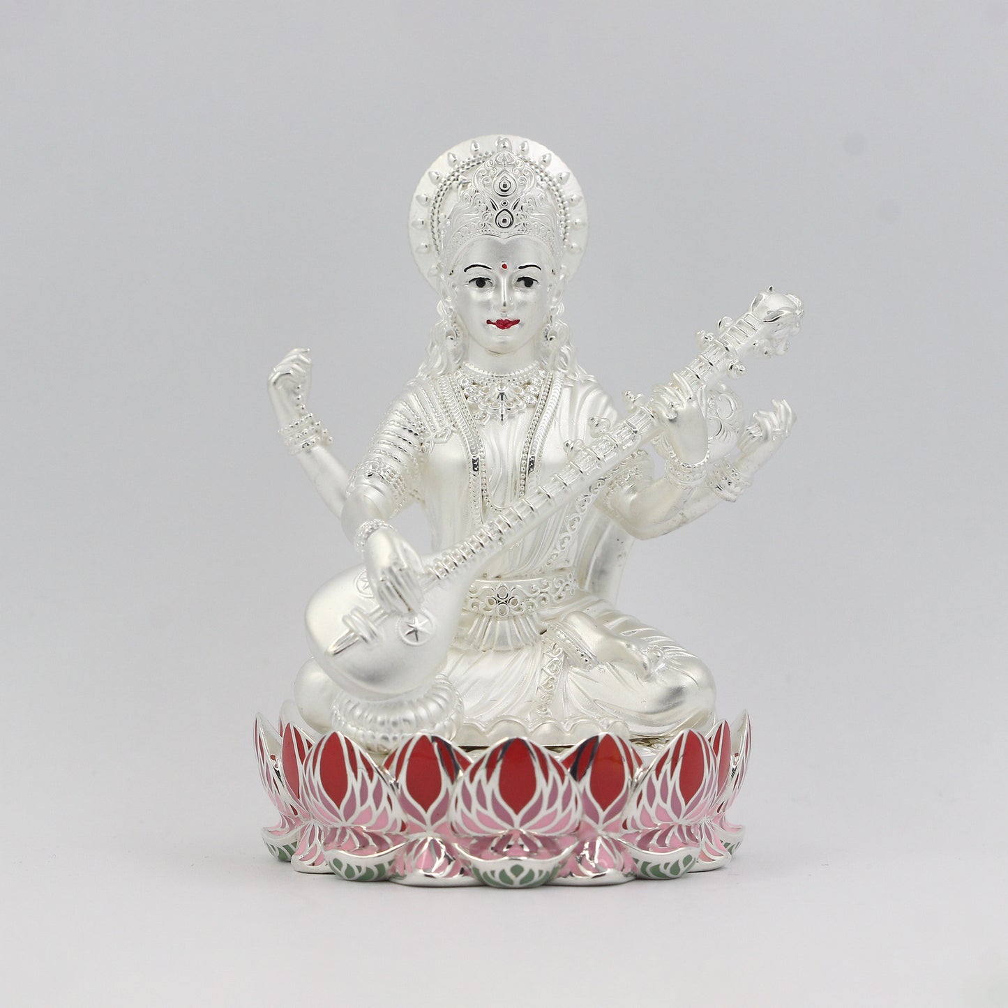 Silver Premium Matte Lotus Base Saraswati with Enamel