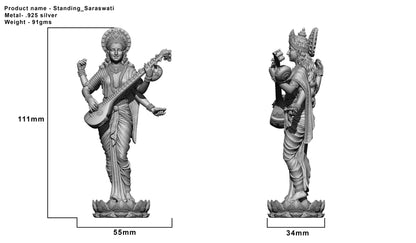 Silver Mixed Finish Standing Saraswati Idol