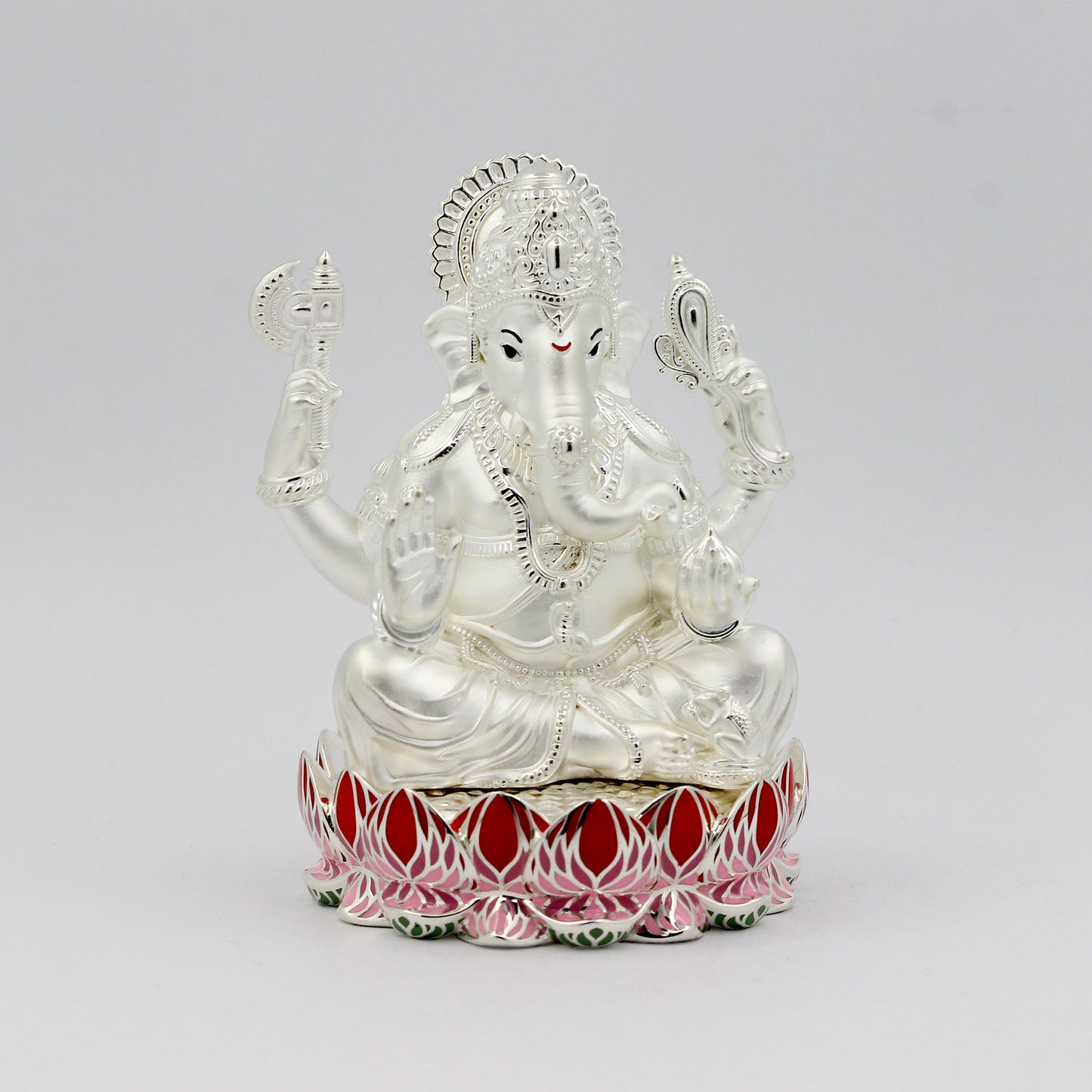 Silver Premium Matte Finish Lotus Base Ganesh with Enamel