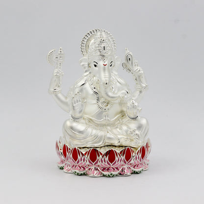 Silver Premium Matte Finish Lotus Base Ganesh with Enamel