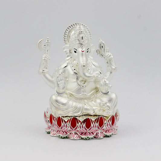 Silver Premium Matte Finish Lotus Base Ganesh with Enamel