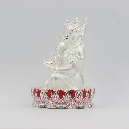 Silver Premium Matte Finish Lotus Base Ganesh with Enamel