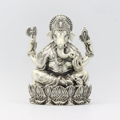 Silver Antique Finish Lotus Base Ganesh
