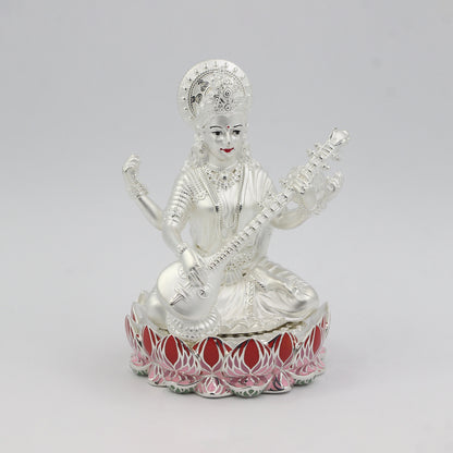Silver Premium Matte Lotus Base Saraswati with Enamel