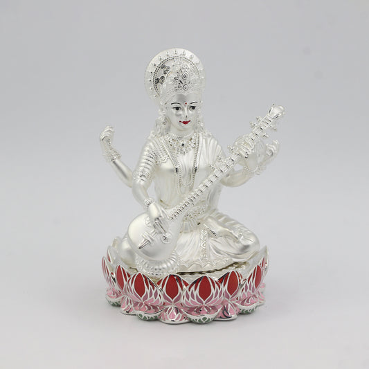 Silver Premium Matte Lotus Base Saraswati with Enamel