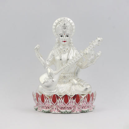 Silver Premium Matte Lotus Base Saraswati with Enamel