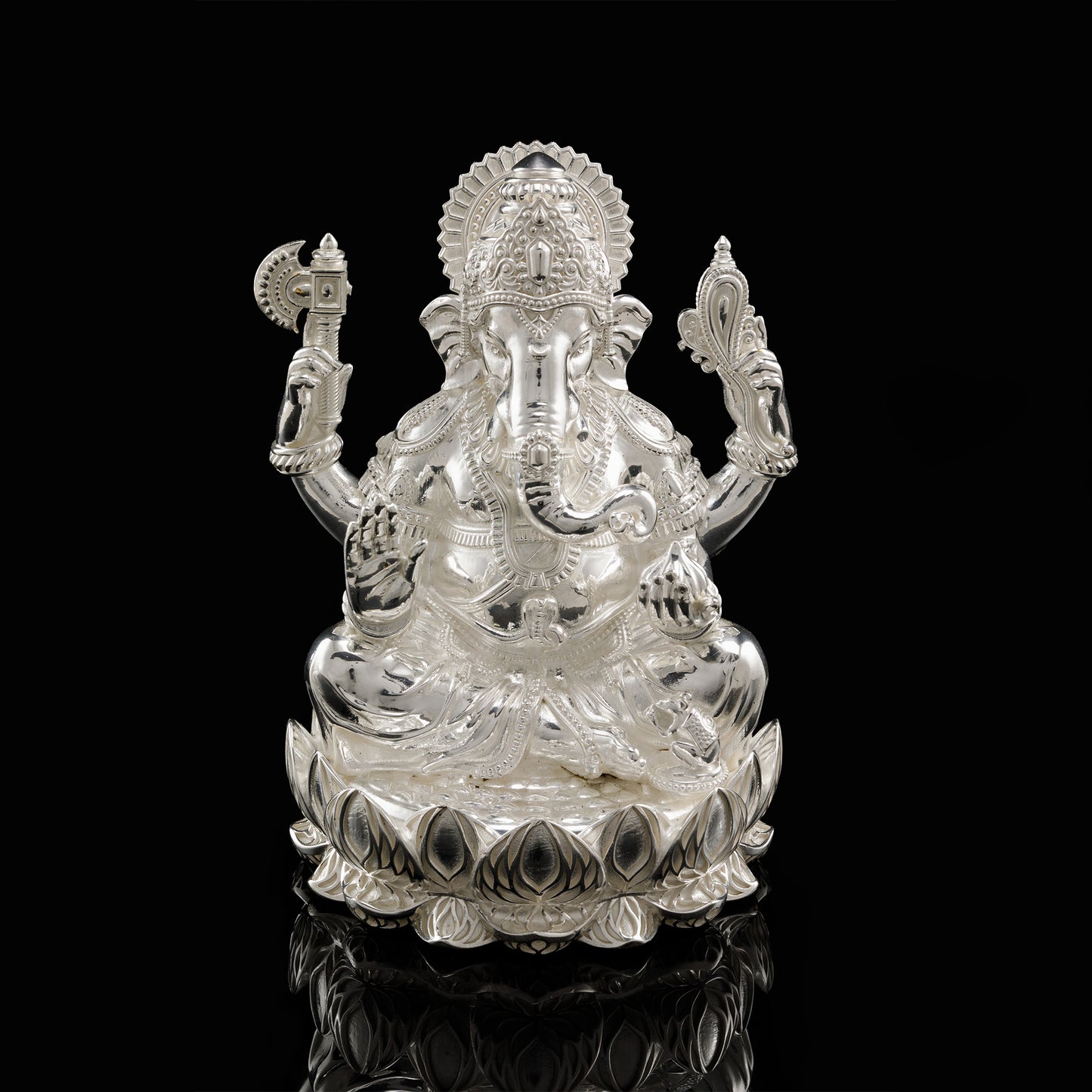 Brass Polished White Rhodium Lotus Base Ganesh