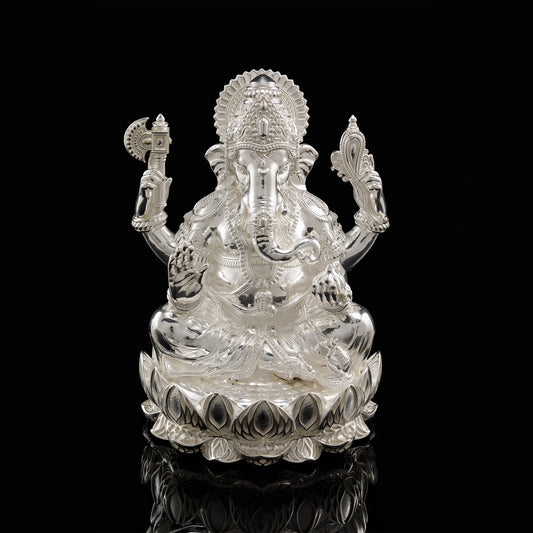 Brass Polished White Rhodium Lotus Base Ganesh