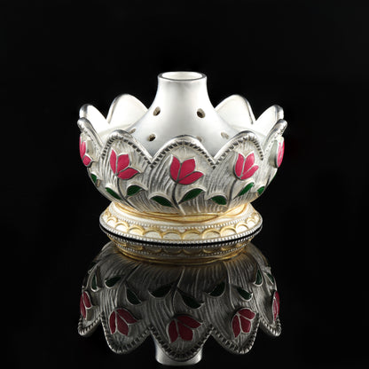 925 Silver Mixed Finish Pink Floral Dhoop Stand