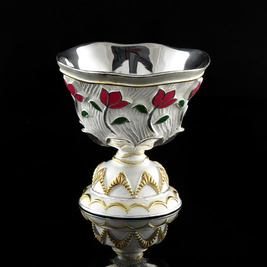 925 Silver Mixed Finish Pink Floral Diya Stand
