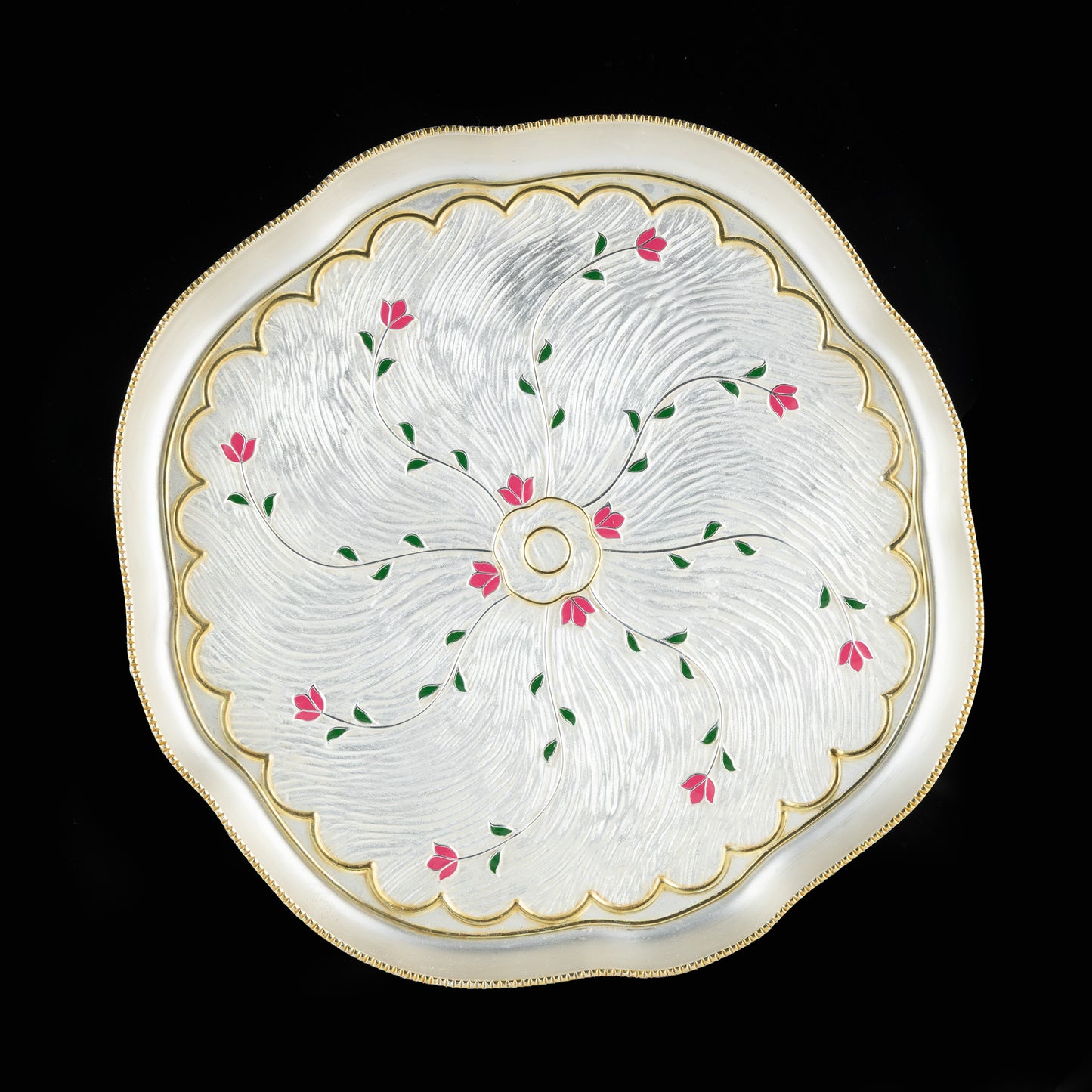 925 Silver Mixed Finish Pink Floral Thali