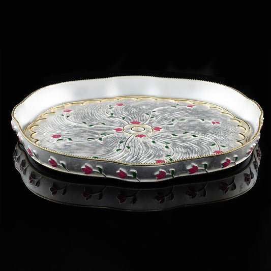 925 Silver Mixed Finish Pink Floral Thali
