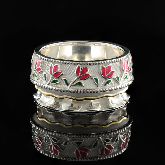 925 Silver Mixed Finish Pink Floral Vati