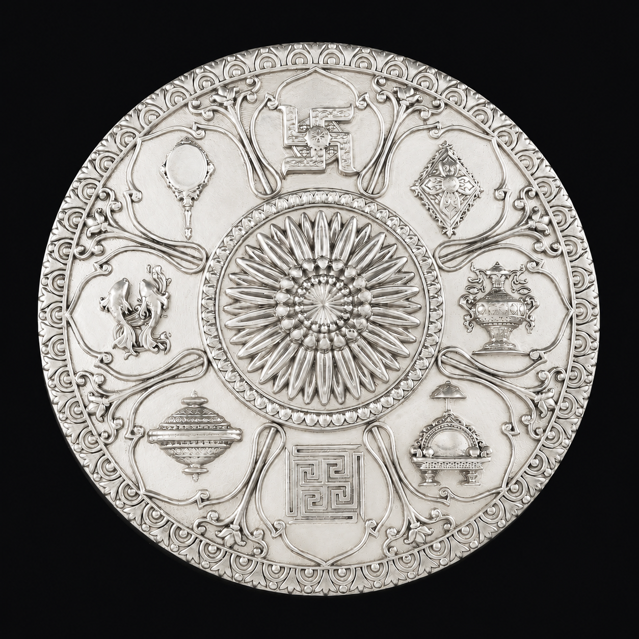 999 Silver Mixed Finish Round Ashtamangal