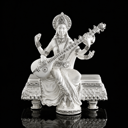 925 Silver Mixed Finish Maa Saraswati on Sinhasan Idol