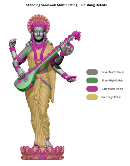 Silver Mixed Finish Standing Saraswati Idol