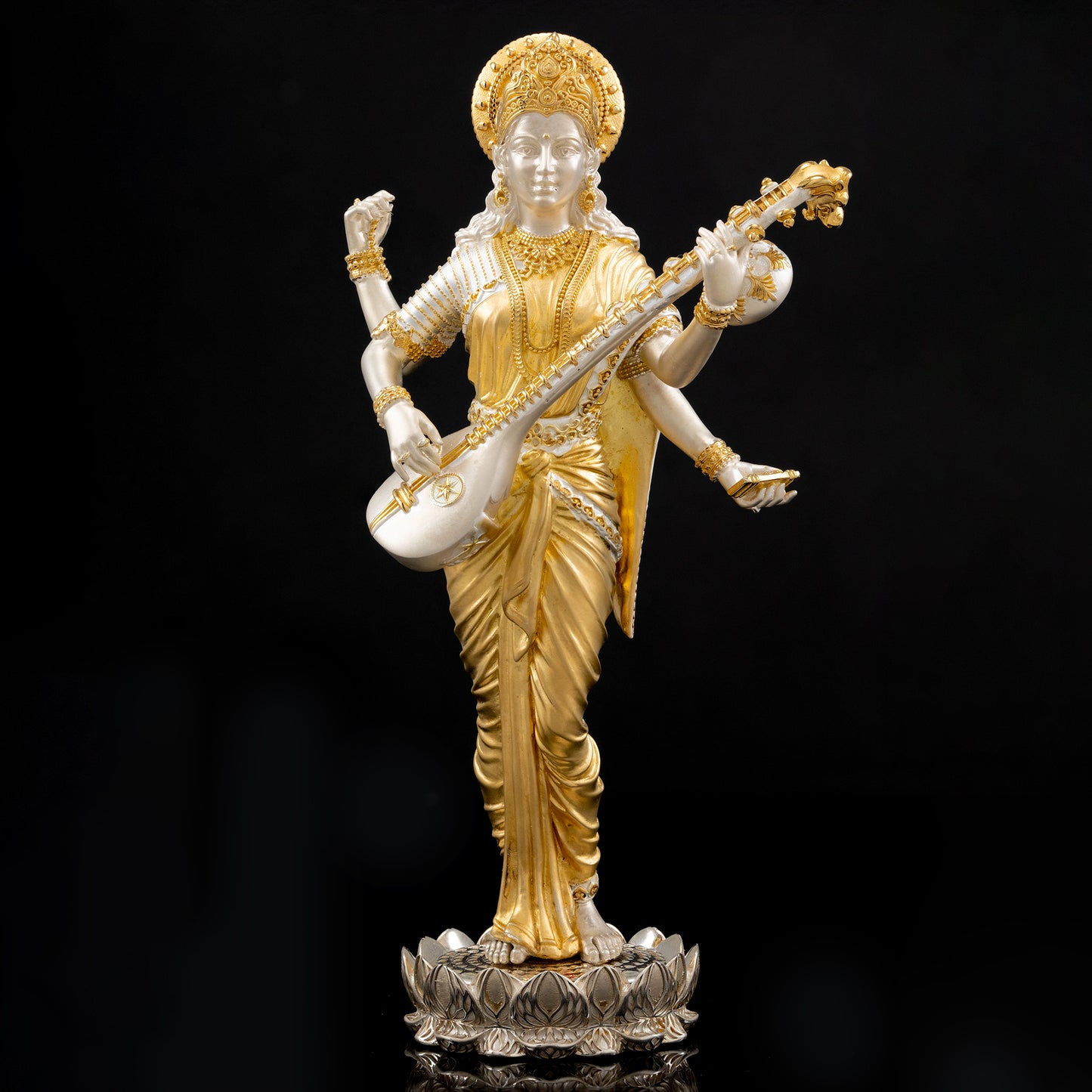 Silver Mixed Finish Standing Saraswati Idol