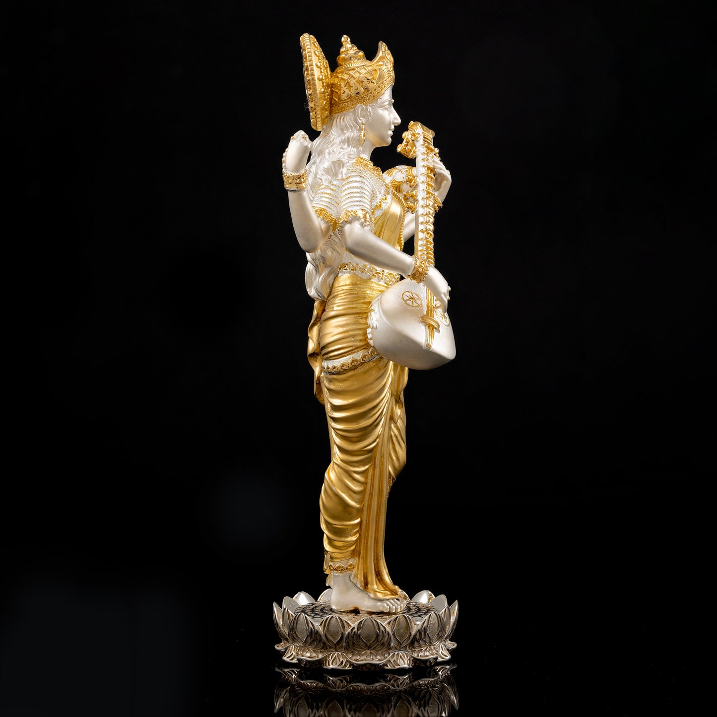 Silver Mixed Finish Standing Saraswati Idol