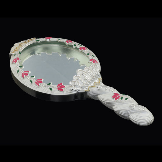 925 Silver Mixed Finish Pink Floral Darpan