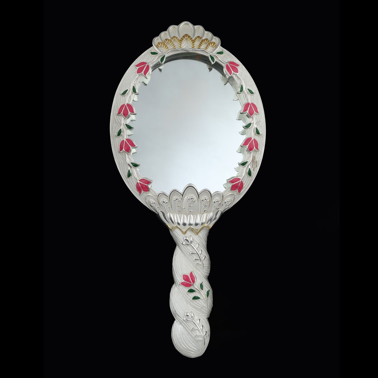 925 Silver Mixed Finish Pink Floral Darpan