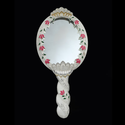 925 Silver Mixed Finish Pink Floral Darpan